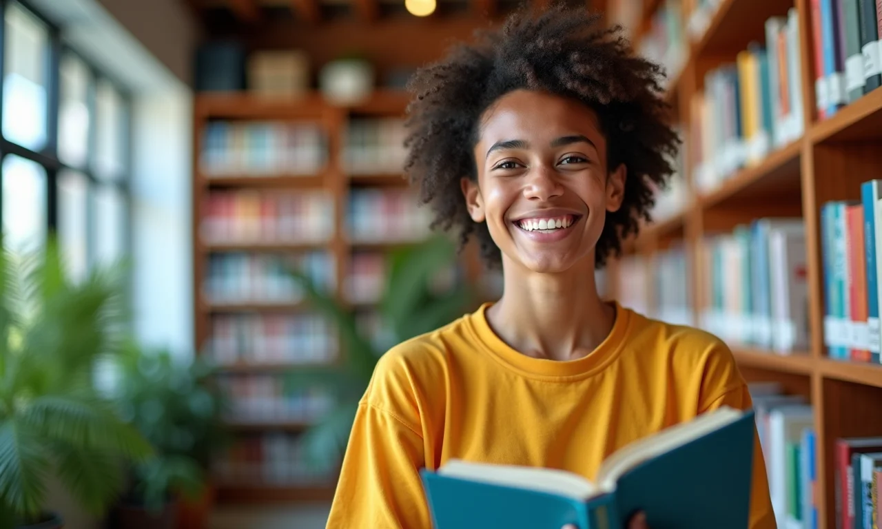 Estudante adulto brasileiro sorrindo, segurando um livro em uma biblioteca moderna.