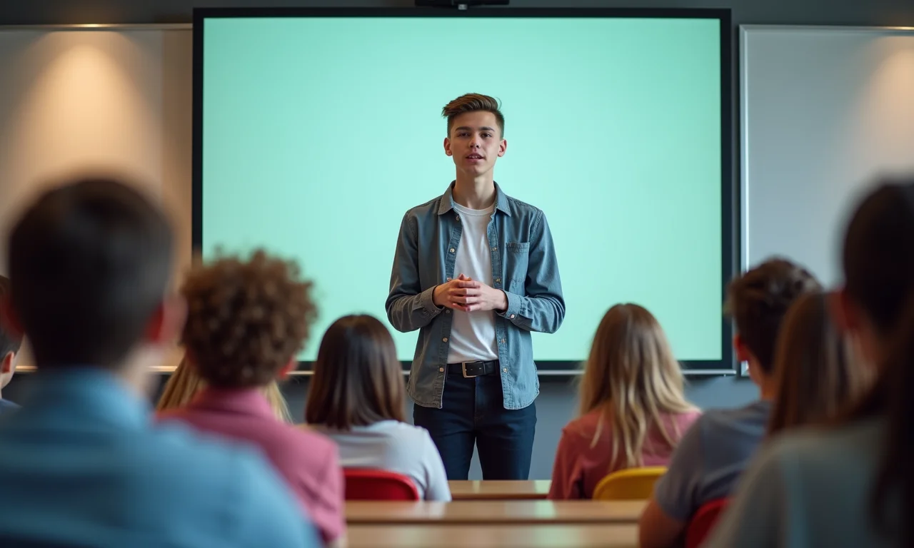 Estudante apresentando projeto em sala de aula, representando a preparação para o futuro.