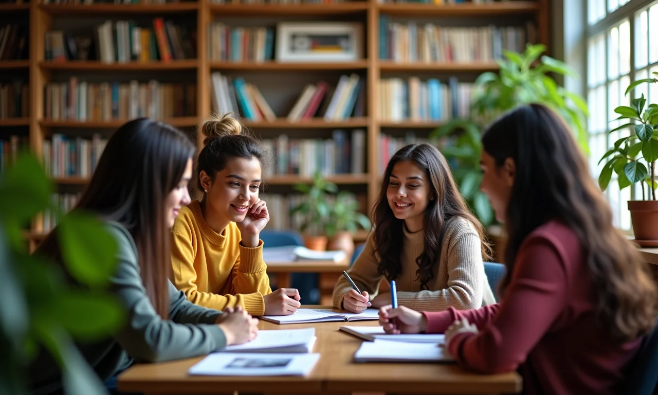 Estudantes diversos recebendo orientação em uma biblioteca universitária brasileira.