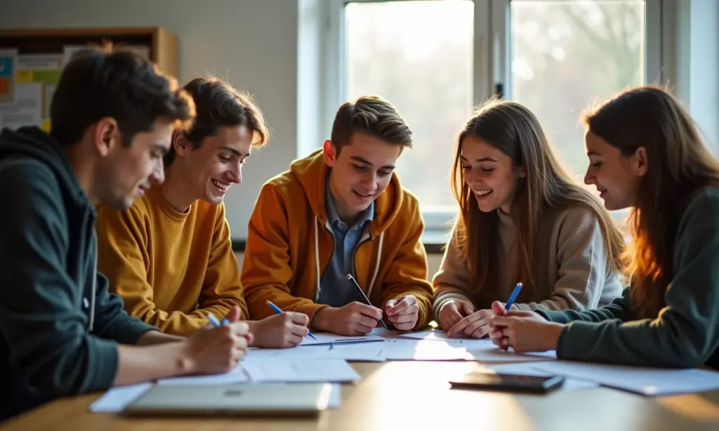 Novo Ensino Médio: O que Mudou na Prática para Você Estudantes do ensino médio trabalhando juntos em sala de aula moderna.