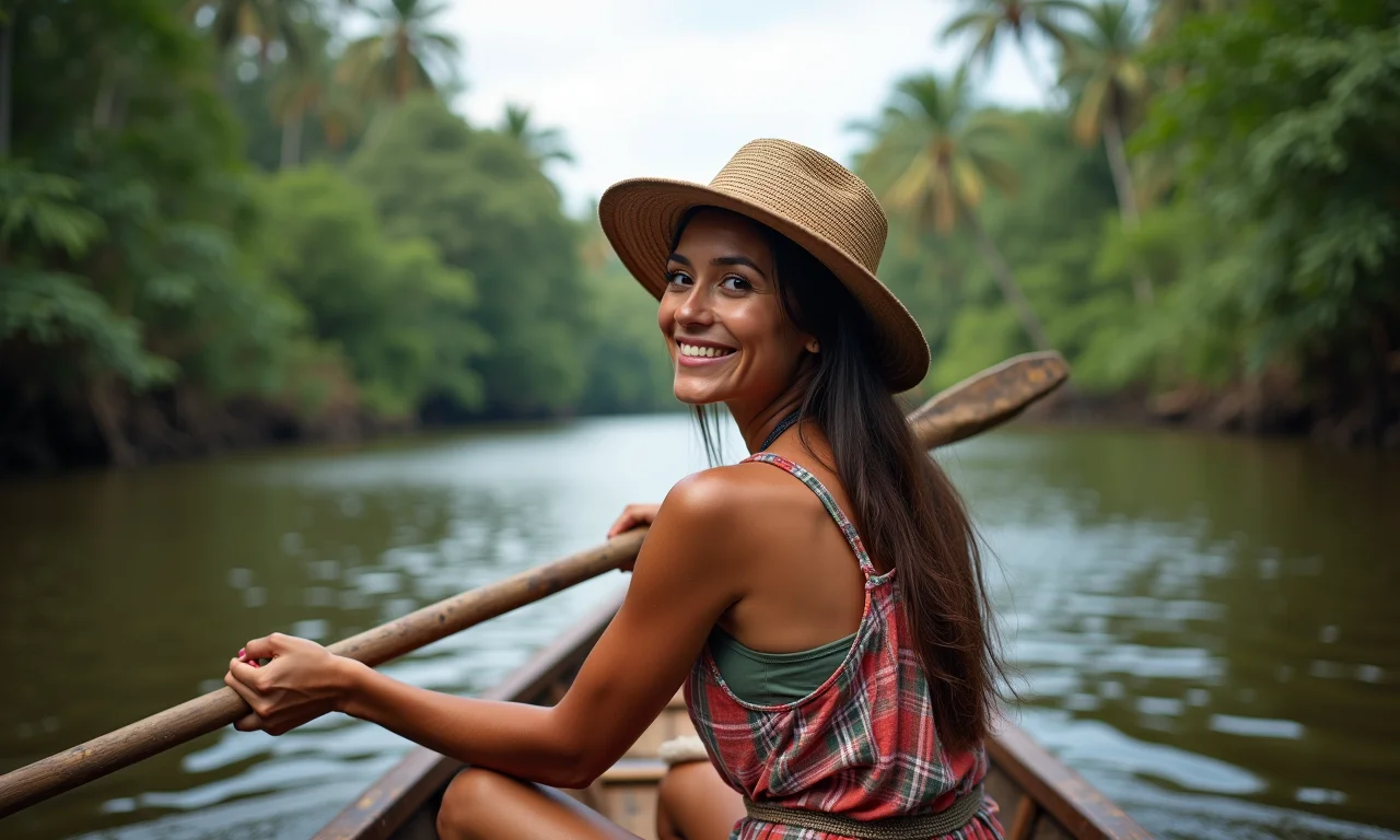 Expedição na Amazônia: mulher navegando em rio, contato com a natureza.