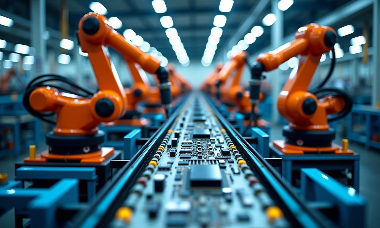 Fábrica moderna com robôs automatizados produzindo eletrônicos.