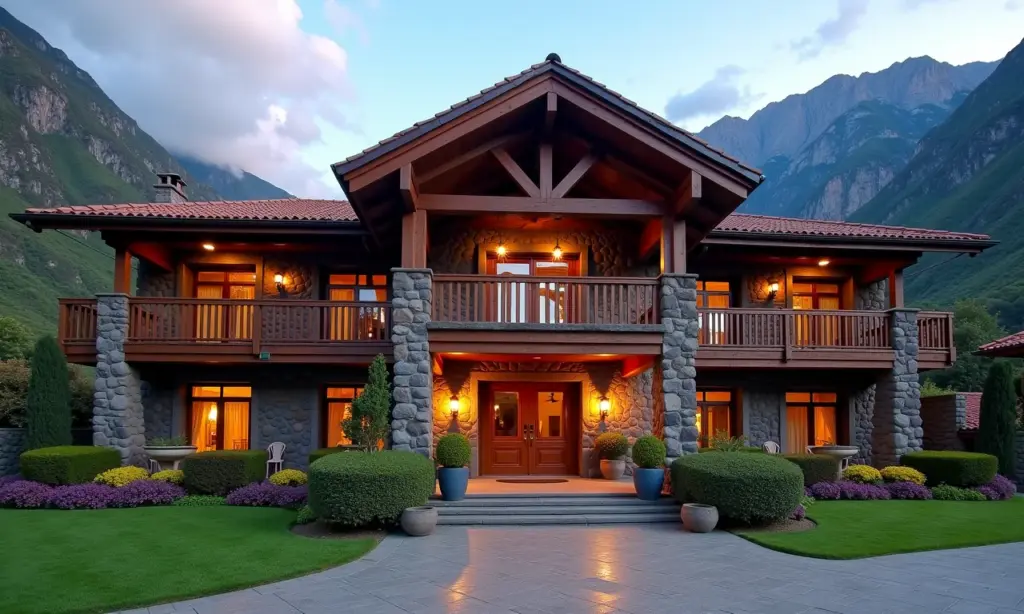 Fachada do El Mapi Hotel com Machu Picchu ao fundo, mostrando conforto e charme andino.