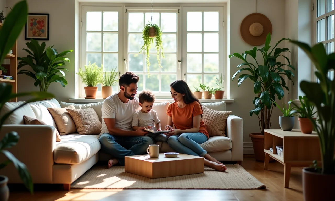 Família brasileira criando um orçamento juntos em uma sala de estar colorida e cheia de plantas.