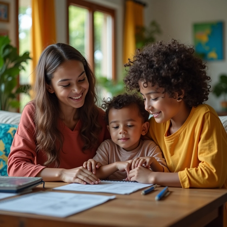 Família brasileira sorrindo durante conversa sobre herança.