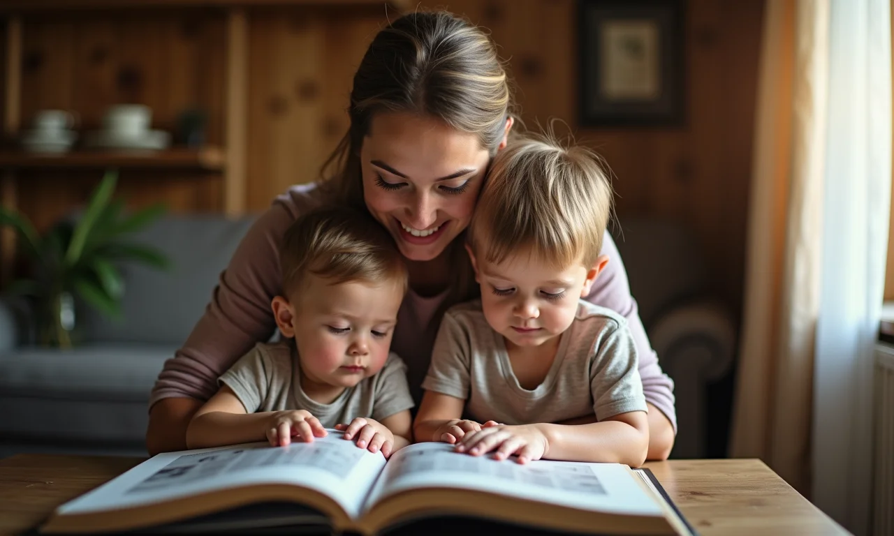 Família preocupada olhando álbum de fotos antigo em casa.