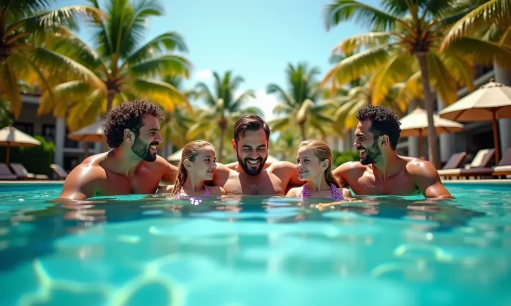 Famílias aproveitando piscina em resort de luxo no Brasil.