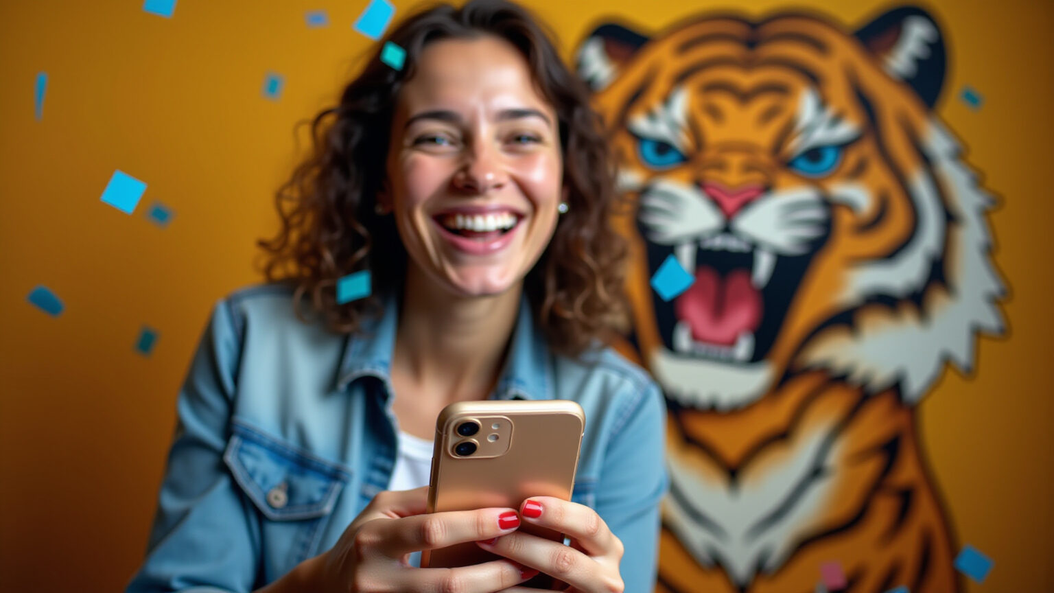 Como conseguir bônus no cadastro do Tigrinho? Mulher feliz com bônus no Tigrinho.