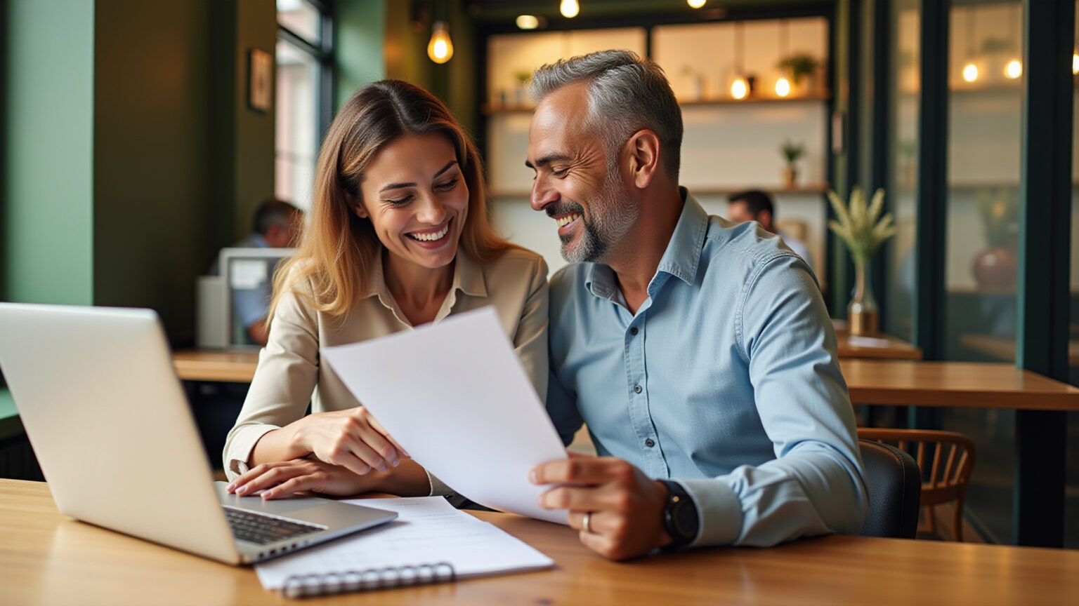 Tudo o que você precisa saber antes de contratar seu seguro viagem para Portugal Casal brasileiro sorrindo, consultando seguro viagem em café de Lisboa.