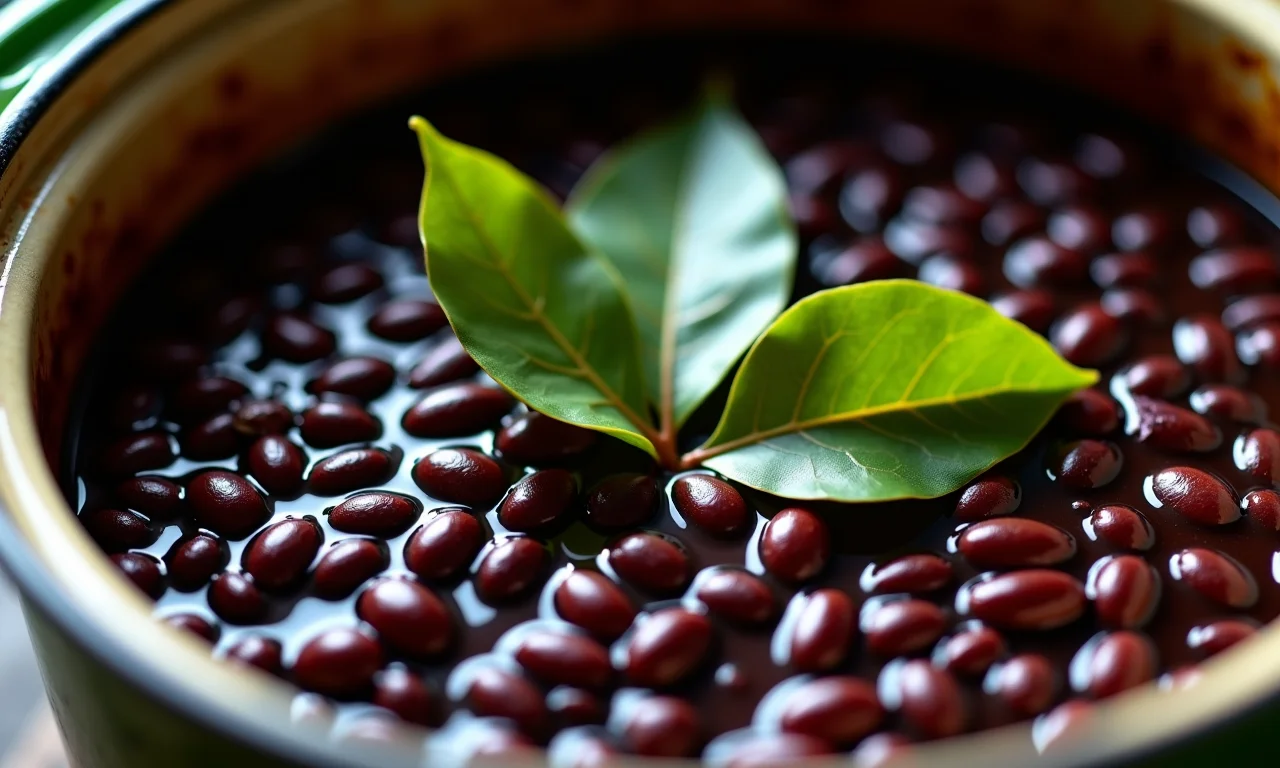 Feijão preto cozinhando lentamente com temperos.