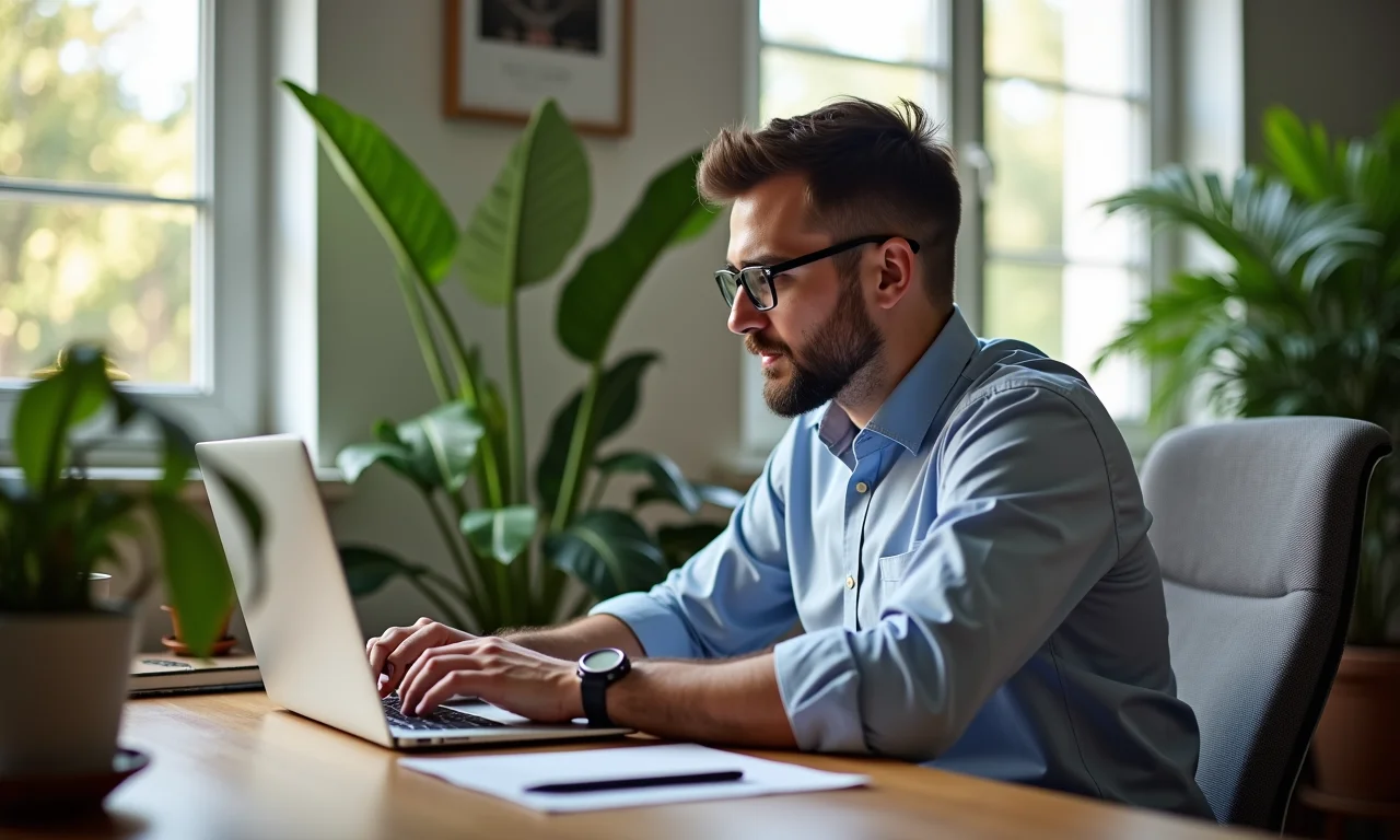 Fórmula do Modelo de Gordon em um escritório em casa moderno com plantas e luz natural.