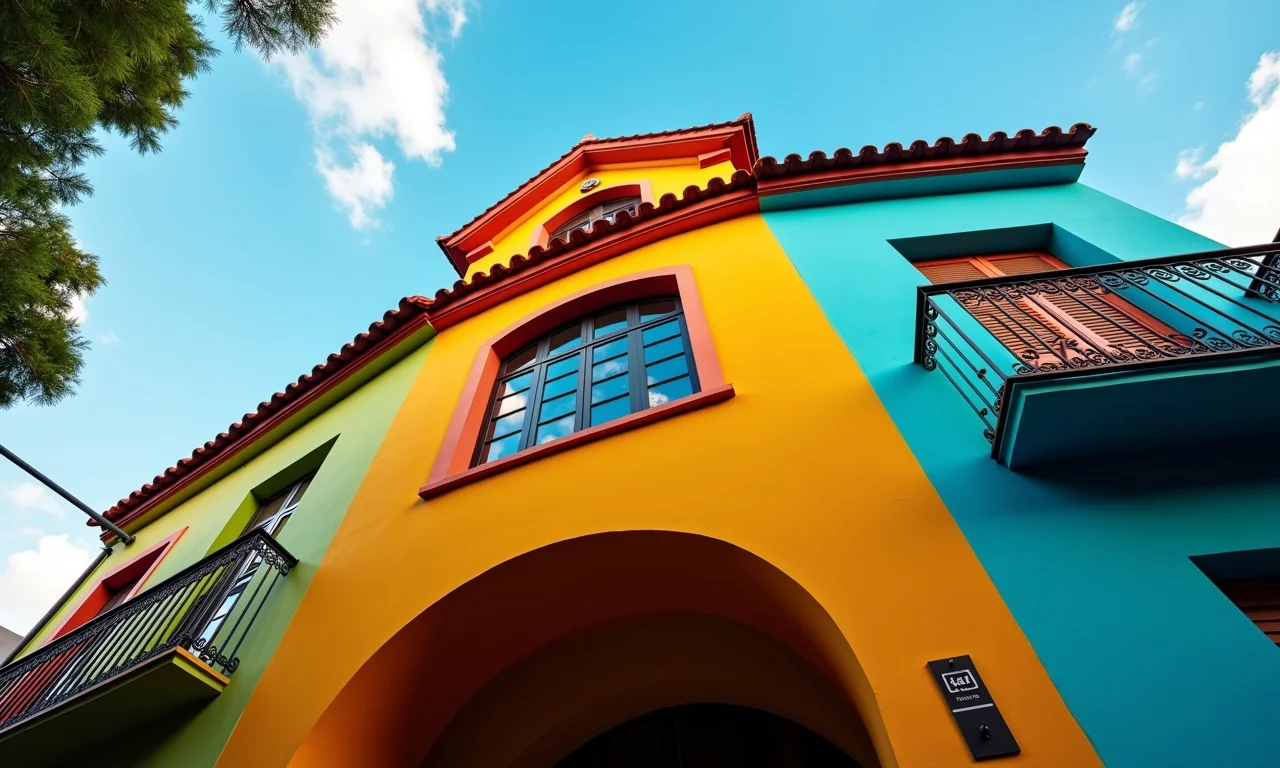 Foto em ângulo baixo da fachada colorida de um prédio brasileiro.