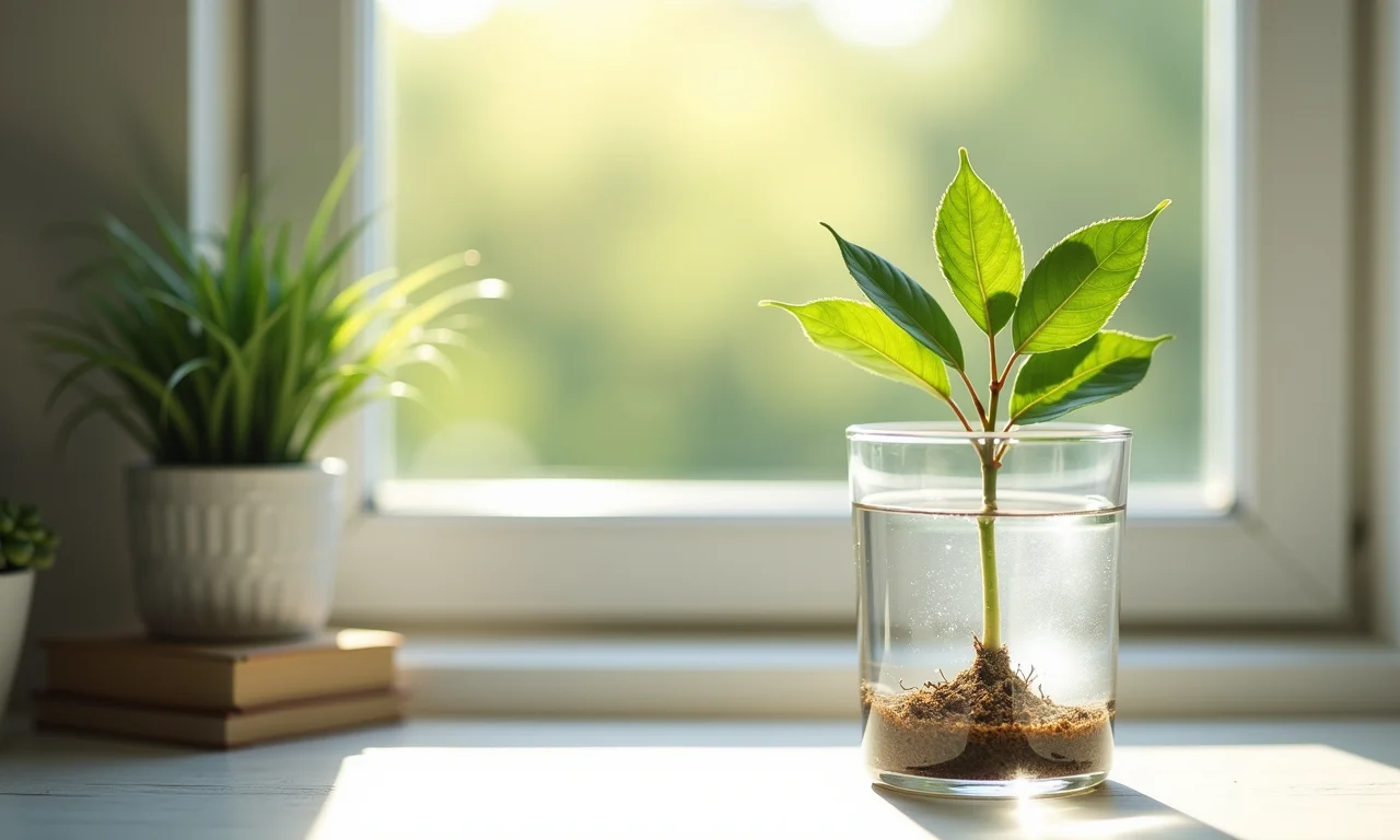 Galho de arruda enraizando em copo com água.