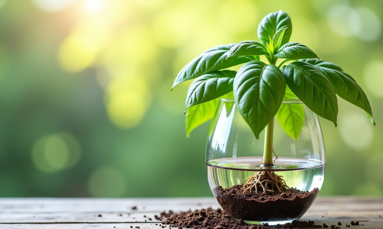 Galhos de manjericão enraizados em copo com água, prontos para o plantio.