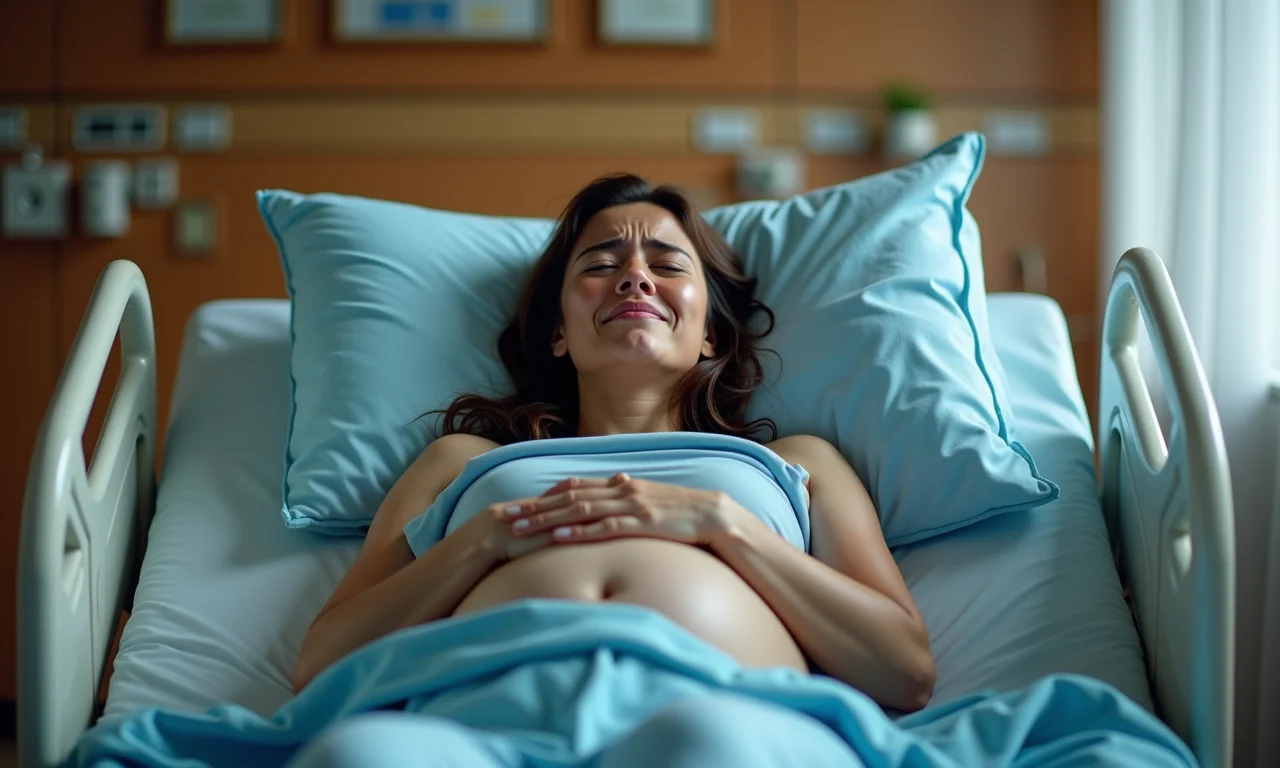 Gestante chorando em leito hospitalar, sentindo-se humilhada.