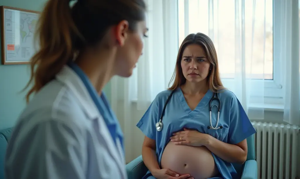 Violência Obstétrica: Saiba Identificar e Como Denunciar Gestante preocupada em consultório médico, sentindo-se ignorada.