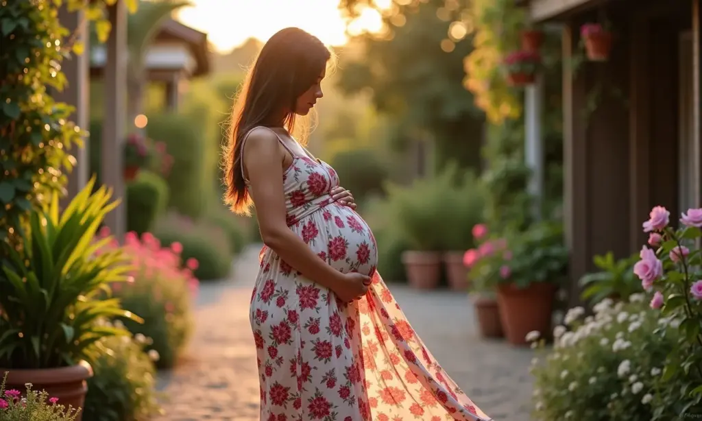 Vestido de festa para grávidas: conforto e elegância Gestante sorrindo em vestido floral maxi, ambiente de festa ao ar livre.