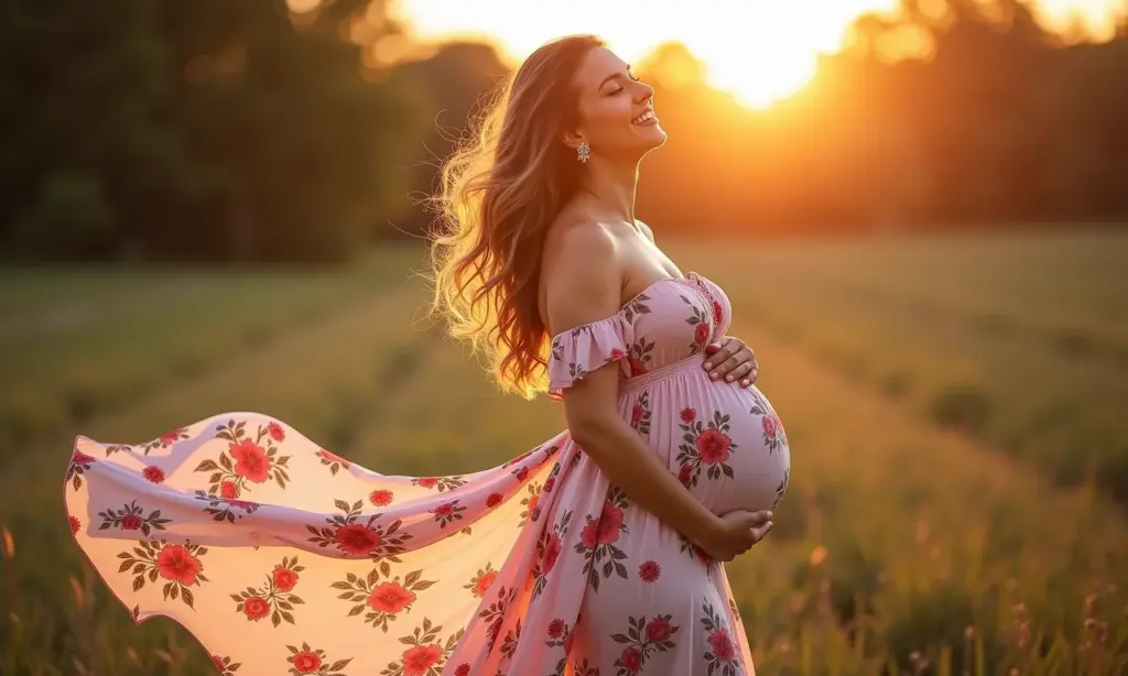 Vestido de festa para grávidas: conforto e elegância Gestante sorrindo, vestindo vestido floral elegante e confortável.