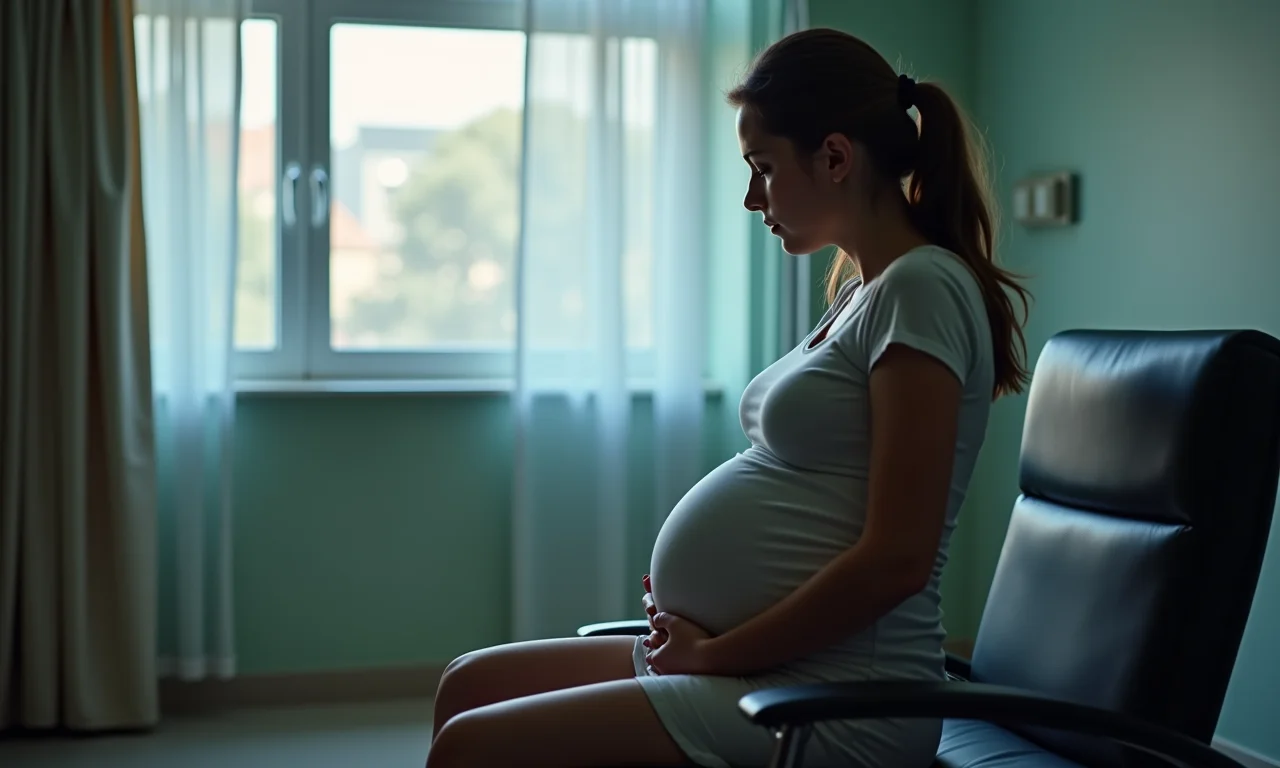 Gestante sozinha na sala de parto, com expressão ansiosa.