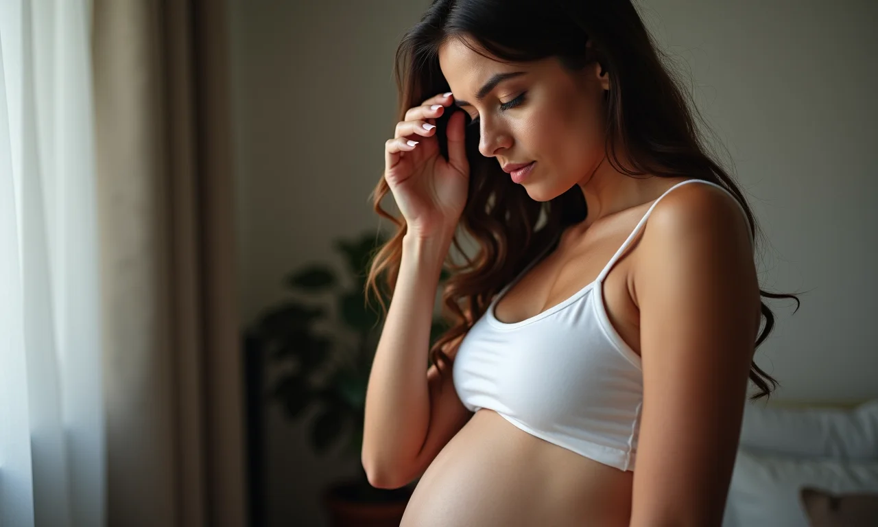 Gestante tocando a sobrancelha com expressão de dúvida.