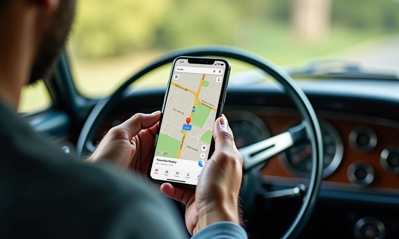 Google Maps em smartphone dentro de carro clássico.