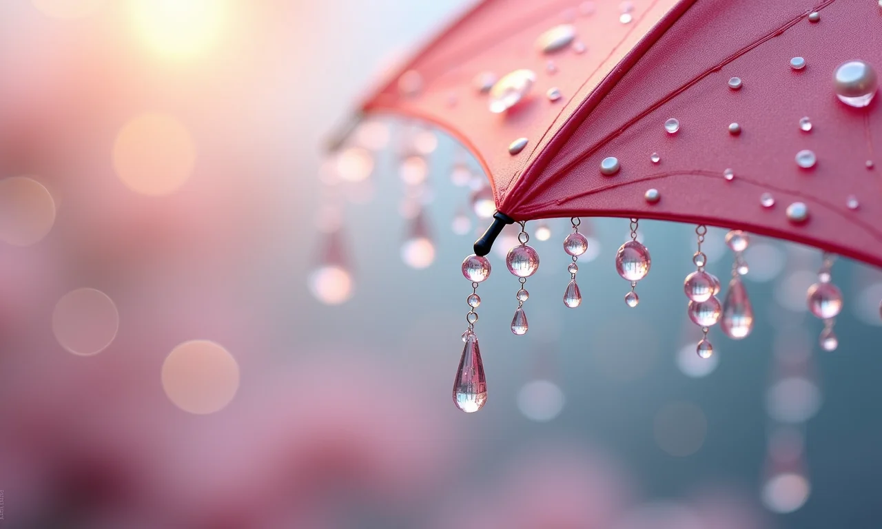Gotinhas de cristal e pérola penduradas em um guarda-chuva decorativo para festa Chuva de Amor.