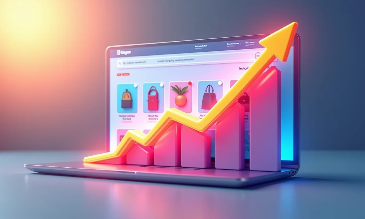 Gráfico de vendas crescente sobreposto a uma loja no Instagram Shopping.
