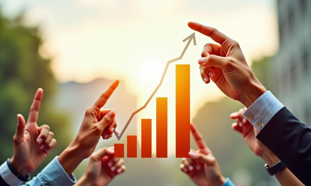 Gráfico mostrando aumento de matrículas universitárias com diversas mãos apontando.