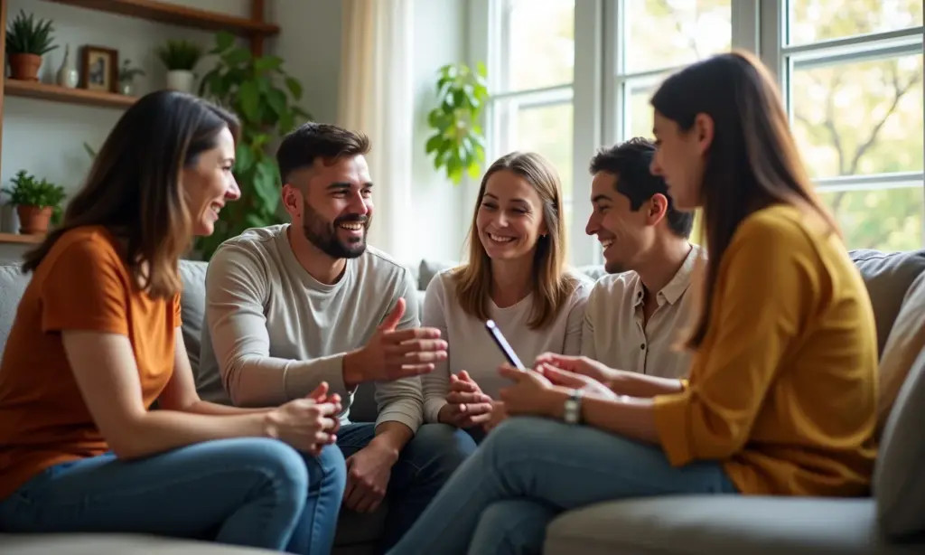 Direito de Visita dos Tios: É Possível na Justiça? Grupo de adultos conversando em sala de estar, representando apoio familiar.