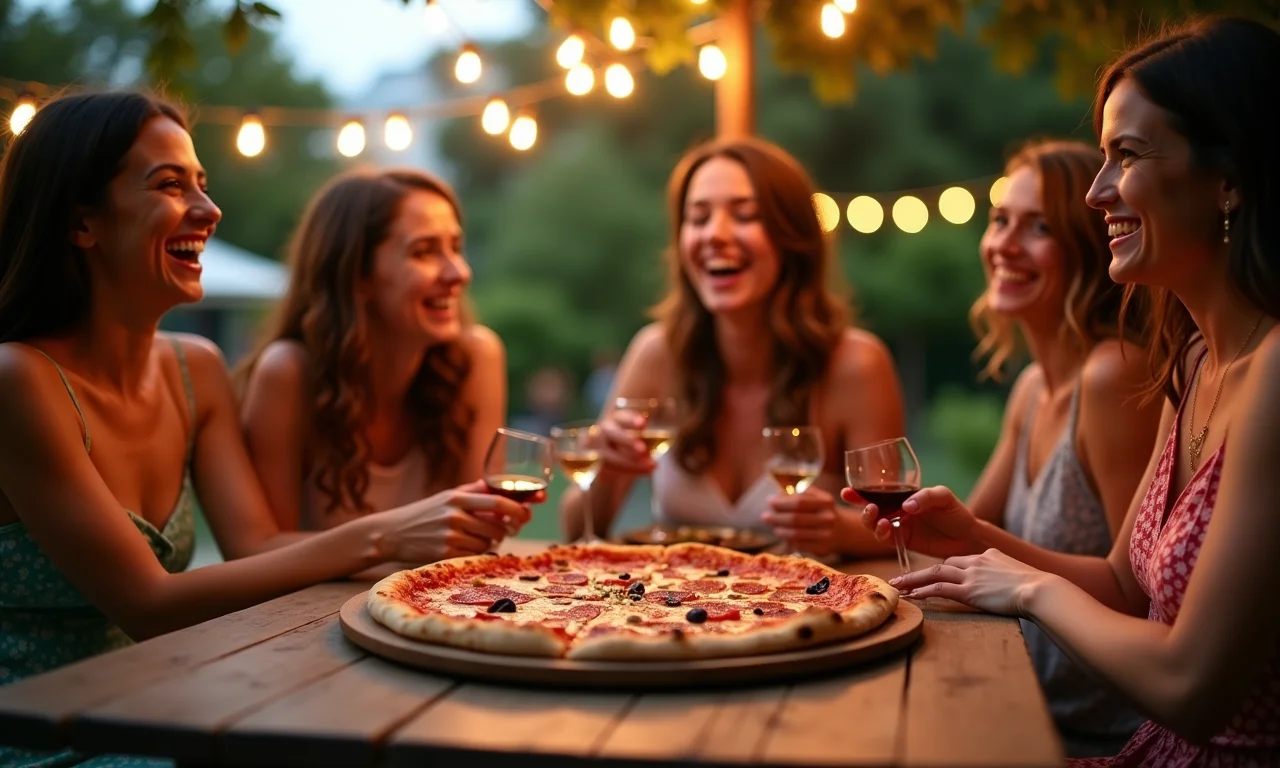 Grupo de amigos reunidos no Quintal DeBetti, desfrutando de pizzas em um ambiente festivo ao ar livre.