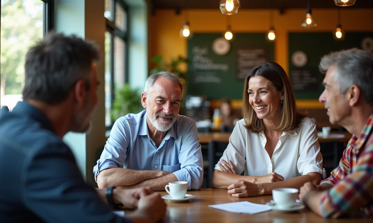 Grupo de brasileiros discutindo a tributação de fundos de pensão em um café.