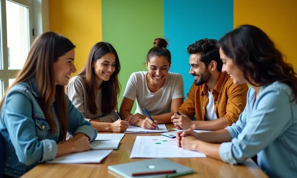 Grupo de brasileiros planejando suas finanças juntos em um espaço de co-working vibrante.