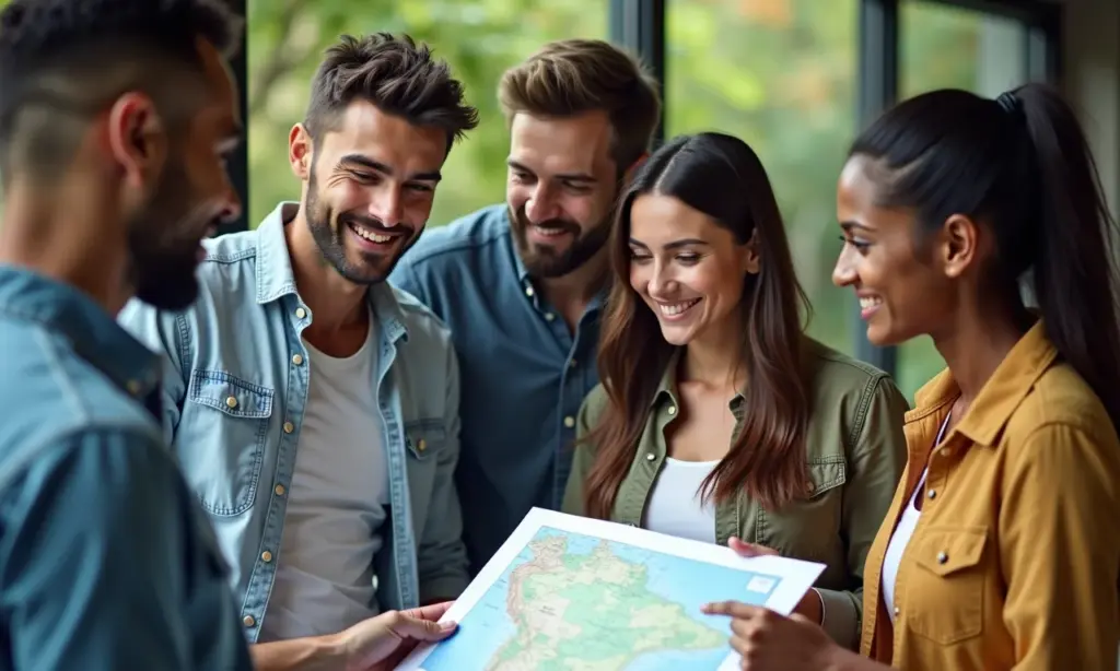 Seguro Viagem: Nacional e Internacional Como Escolher Grupo de brasileiros planejando viagem e discutindo opções de seguro viagem.