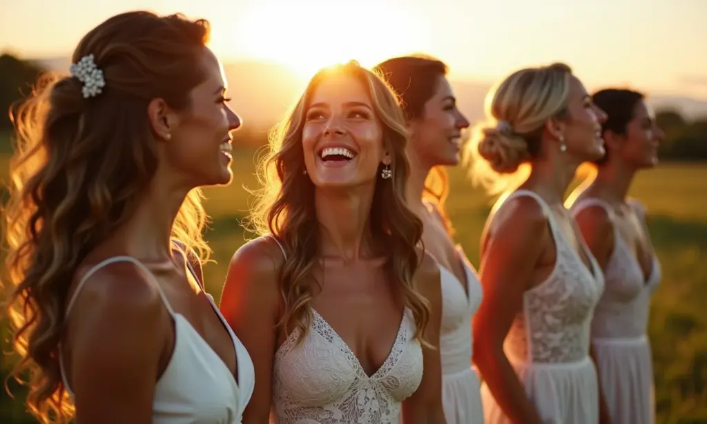 Penteados Para Damas de Honra: 25 Inspirações Grupo de damas de honra sorrindo, mostrando diversos penteados em casamento brasileiro.