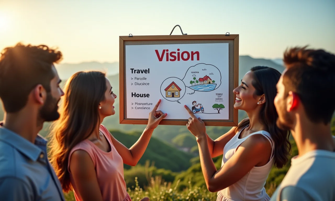 Grupo de jovens define metas financeiras claras em quadro de visão com paisagem brasileira ao fundo.