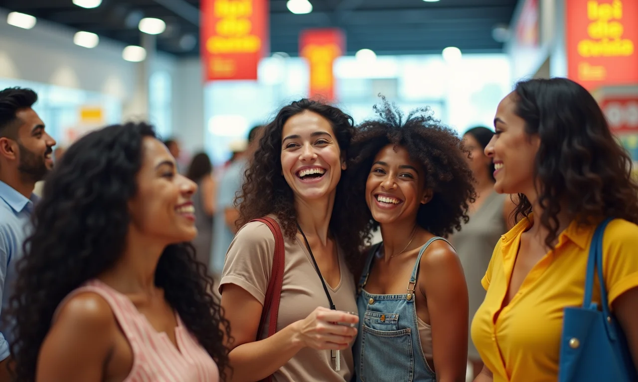 Grupo de pessoas aproveitando descontos no Dia do Consumidor.