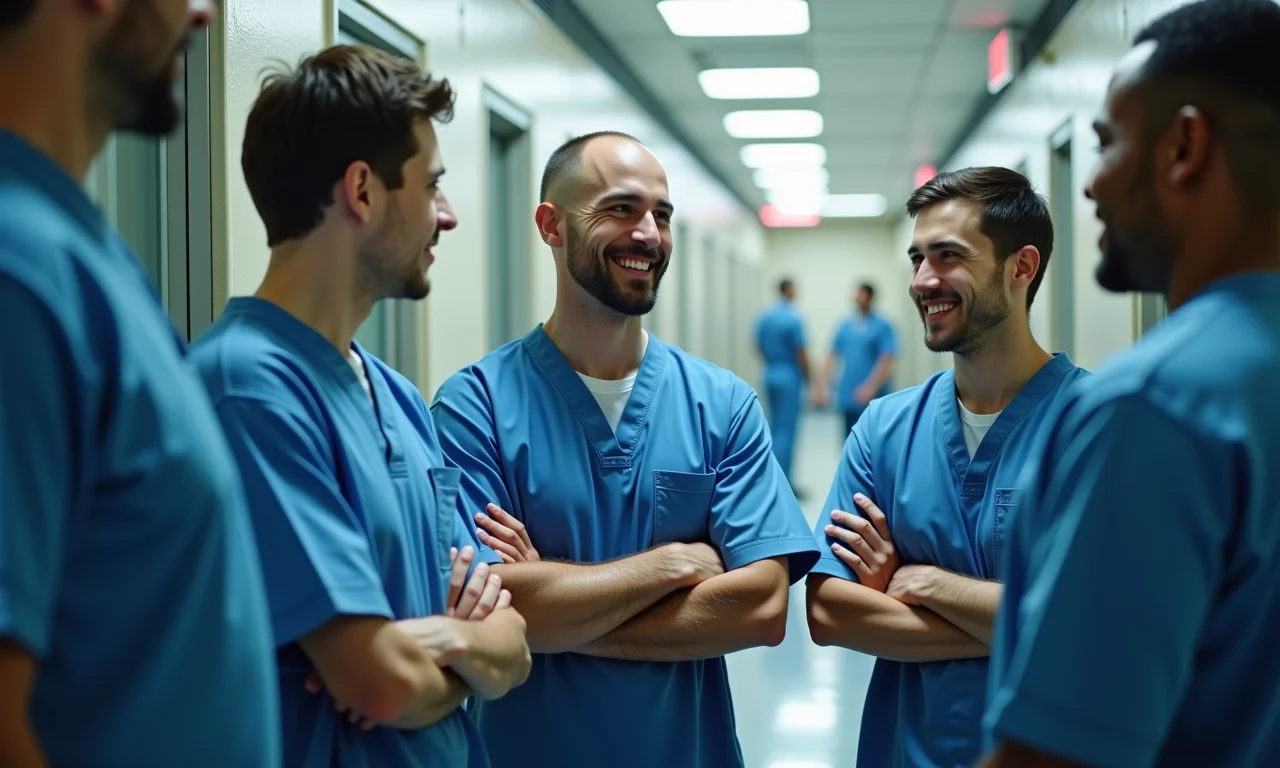 Grupo de presos e guardas interagindo positivamente em ambiente prisional organizado.