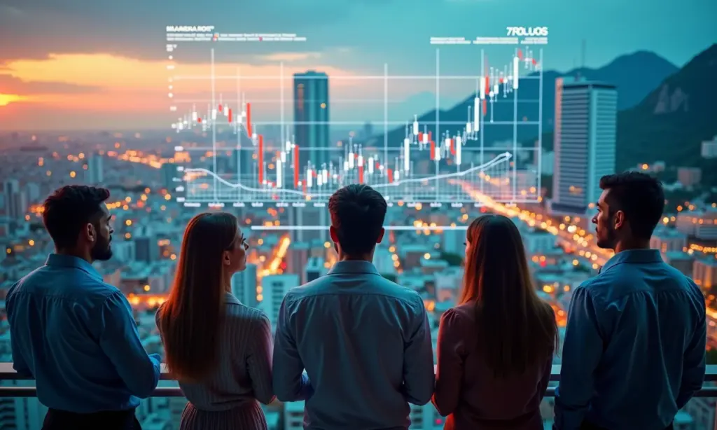 Grupo diverso analisando gráficos de ações em cenário urbano brasileiro vibrante.