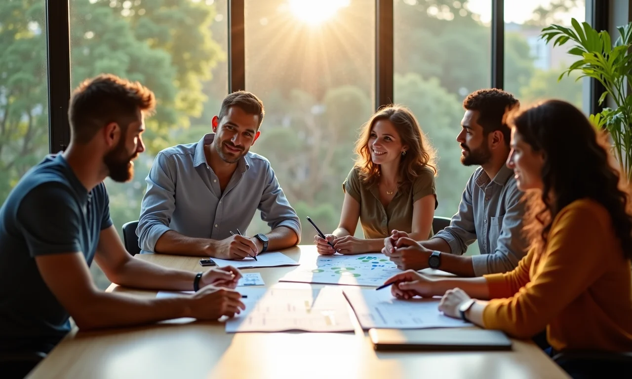 Grupo diverso analisando gráficos em escritório moderno brasileiro, planejamento estratégico.