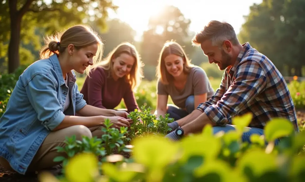Educação e Sustentabilidade: Formando Cidadãos Grupo diverso de adultos trabalhando em um projeto de horta comunitária, demonstrando educação e sustentabilidade.