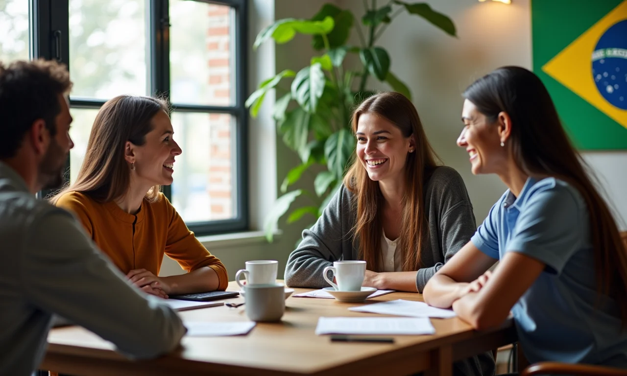 Grupo diverso de brasileiros discutindo oportunidades de investimento global em escritório moderno.