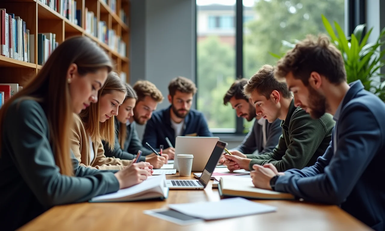 Grupo diverso de estudantes de pós-graduação estudando em biblioteca.