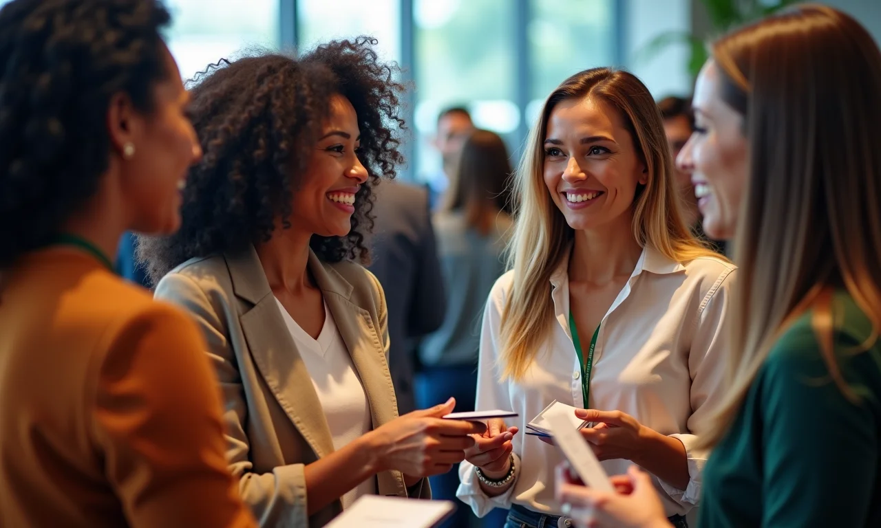 Grupo diverso de mulheres empreendedoras brasileiras fazendo networking em conferência.