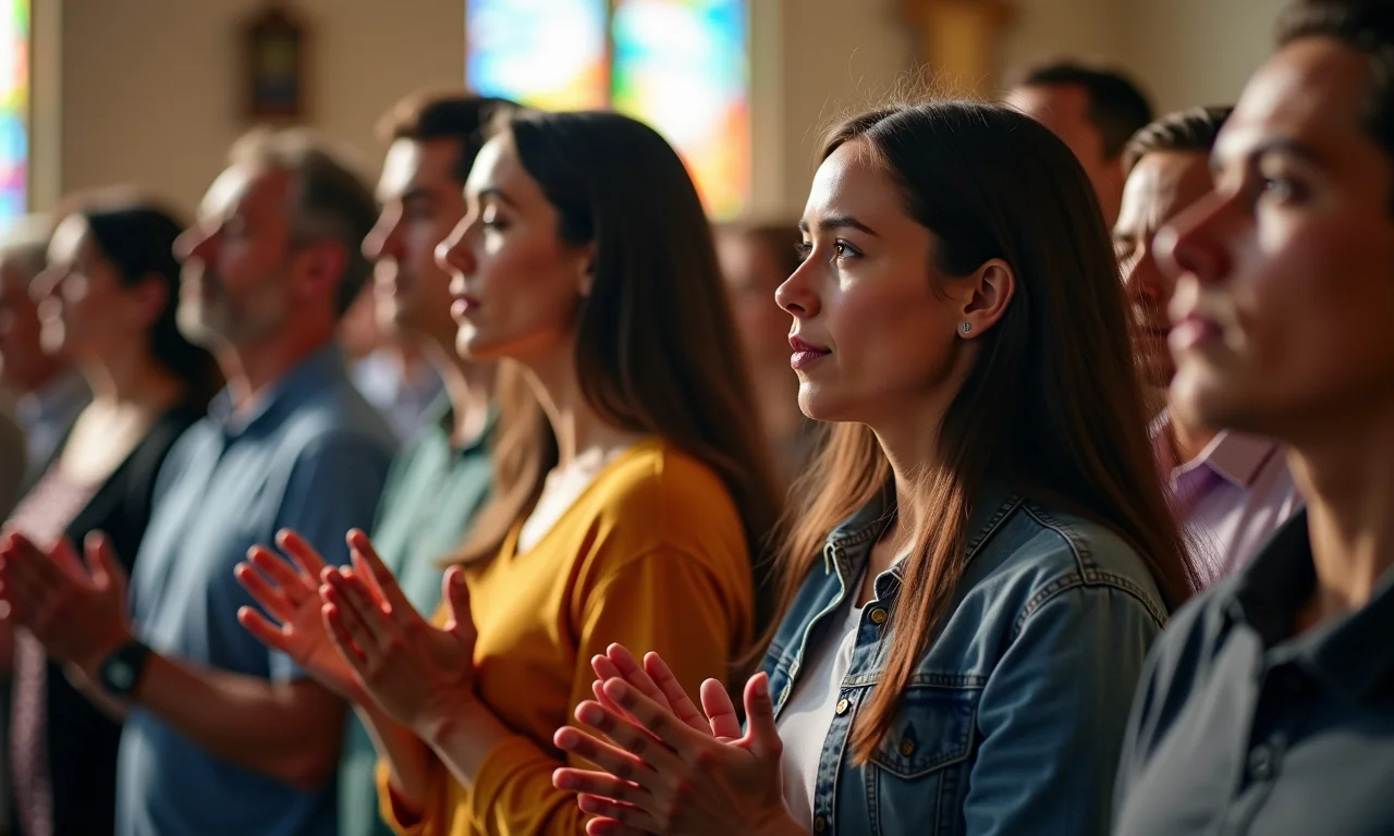 Grupo diverso de pessoas orando juntas em igreja acolhedora.