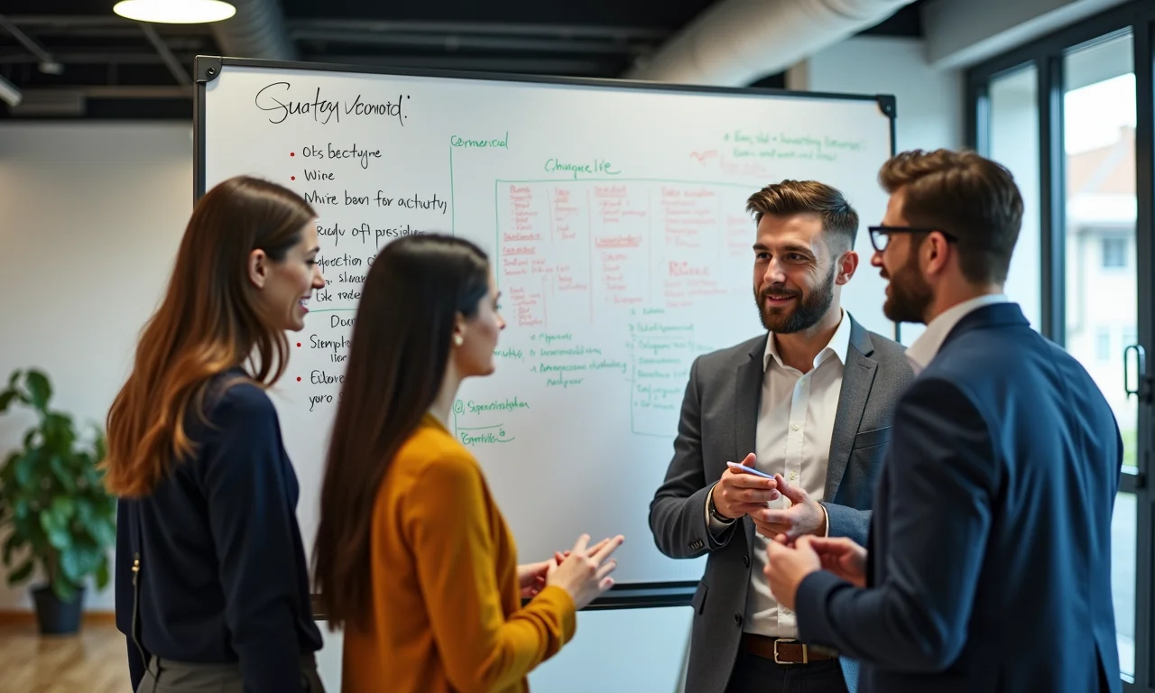 Grupo diverso de profissionais em espaço de coworking, comunicando-se ativamente.