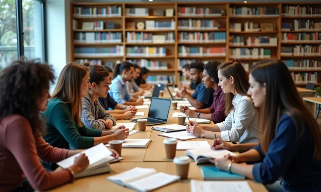 LDB: Um Resumo da Lei da Educação Brasileira Grupo diverso estudando a Lei de Diretrizes e Bases da Educação Nacional (LDB) em biblioteca iluminada.