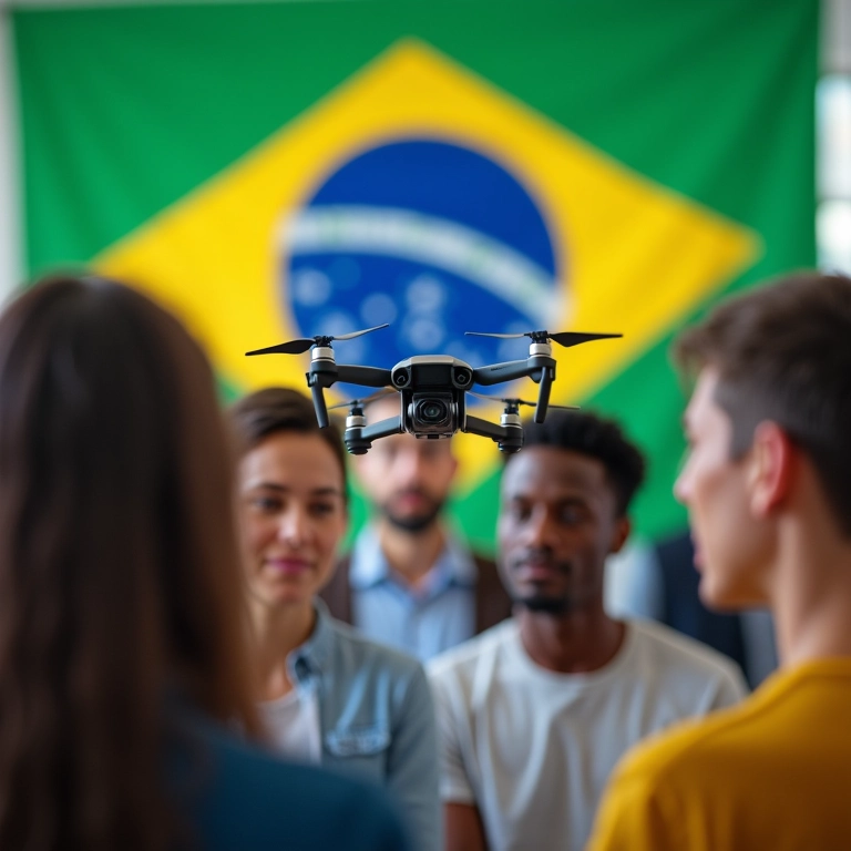 Grupo diverso estudando legislação de drones no Brasil.