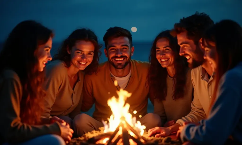 Filhos da Meia-Noite: A Busca pela Identidade e Origem Grupo diverso reunido ao redor de uma fogueira, compartilhando histórias e representando a busca pela identidade.