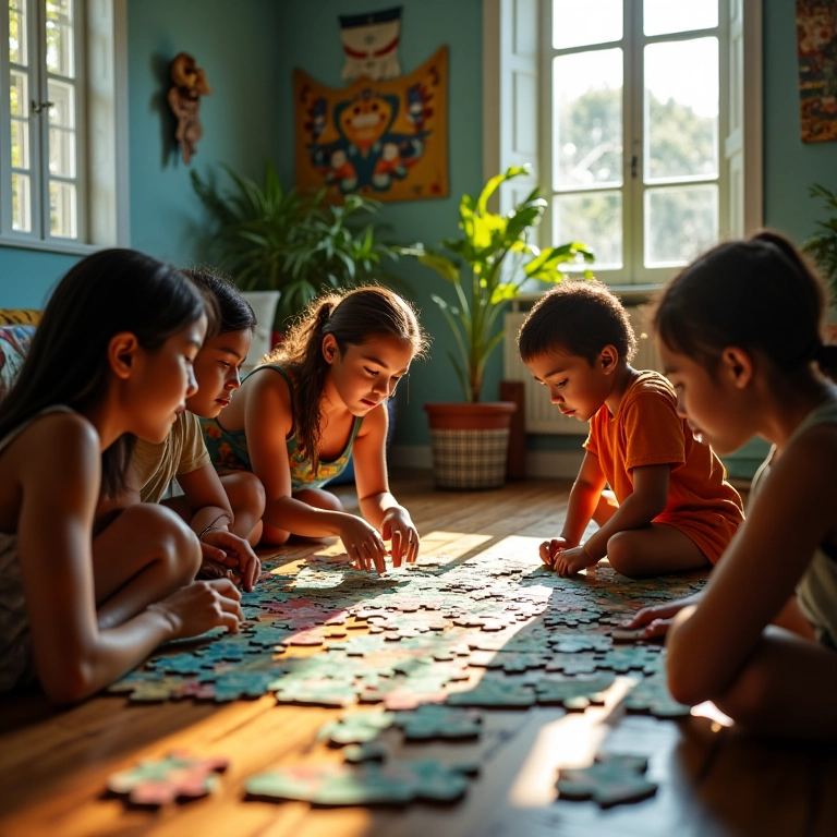 Grupo diverso trabalhando em um quebra-cabeça complexo, dividindo desafios.