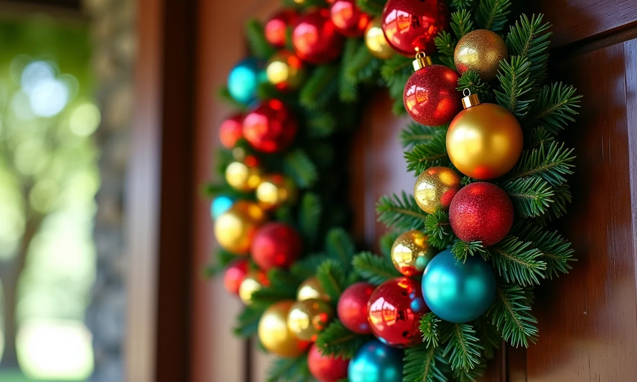 Guirlanda de Natal com bolas coloridas, porta de madeira rústica.